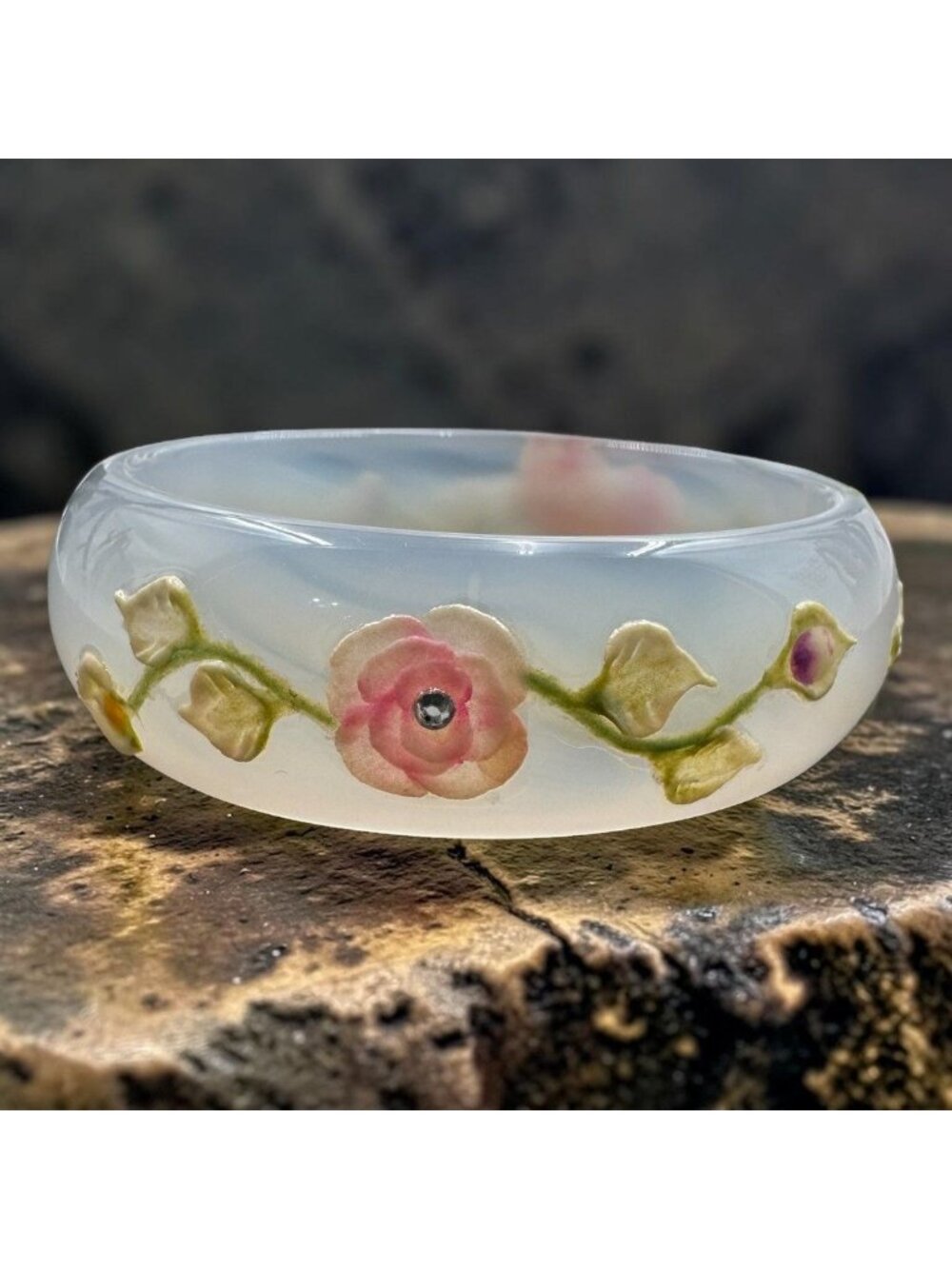 Natural Translucent White Icy Agate Bangle Bracelet with Raised 3d Floral Rose M